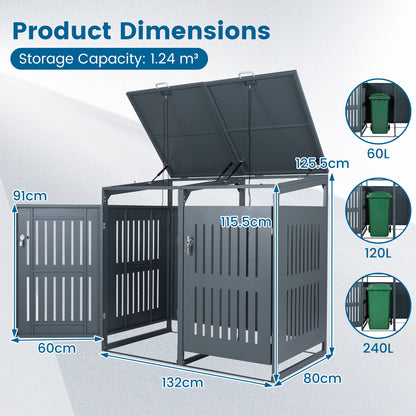 Outdoor Trash Can Storage Shed for 2 Bins with Gas Struts and Lockable Grilled Doors-Dark Grey