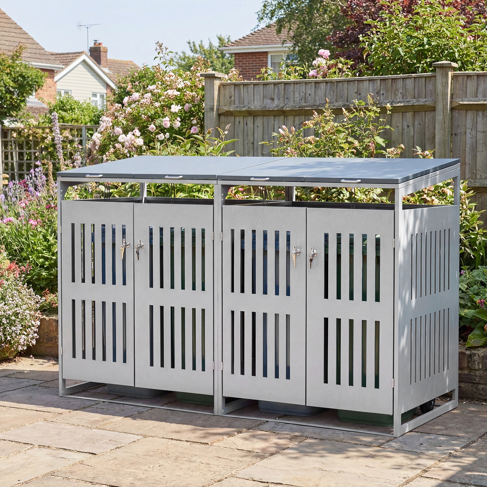 Outdoor Trash Can Storage Shed for 2 Bins with Gas Struts and Lockable Grilled Doors-Silver