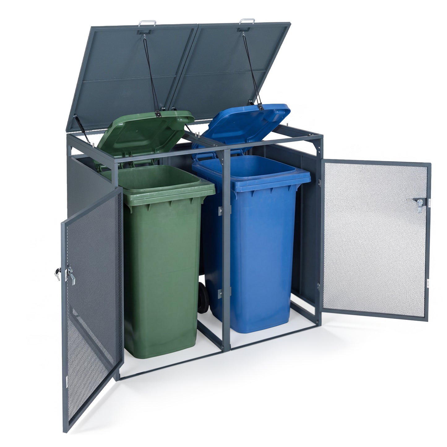 Outdoor Trash Can Storage Shed for 2 Bins with Gas Struts and Lockable Metal Mesh Doors-Grey