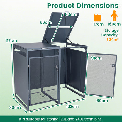 Outdoor Trash Can Storage Shed for 2 Bins with Gas Struts and Lockable Metal Mesh Doors-Grey