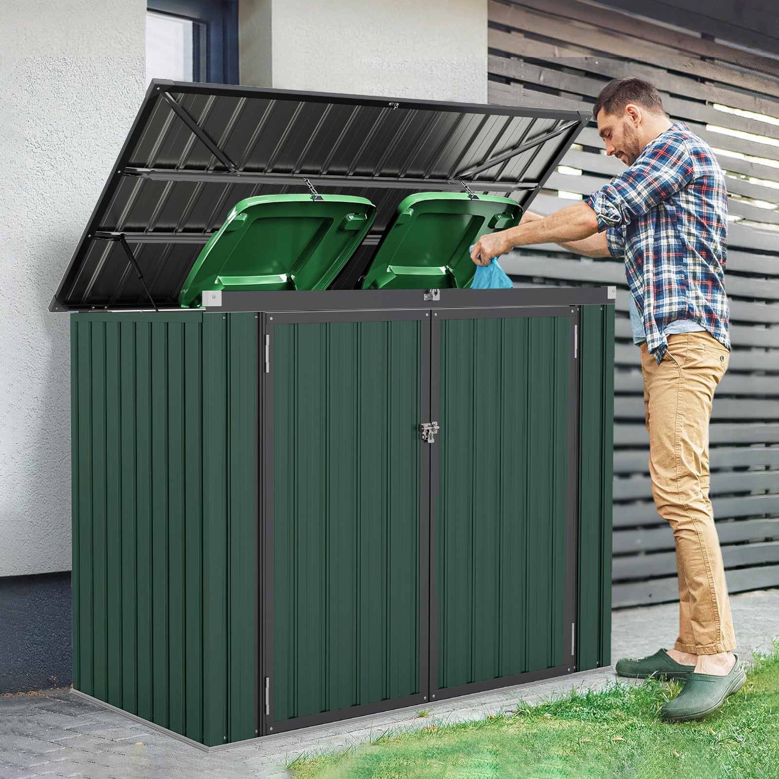 Outdoor Trash Can Storage Shed with Double Openings-Green