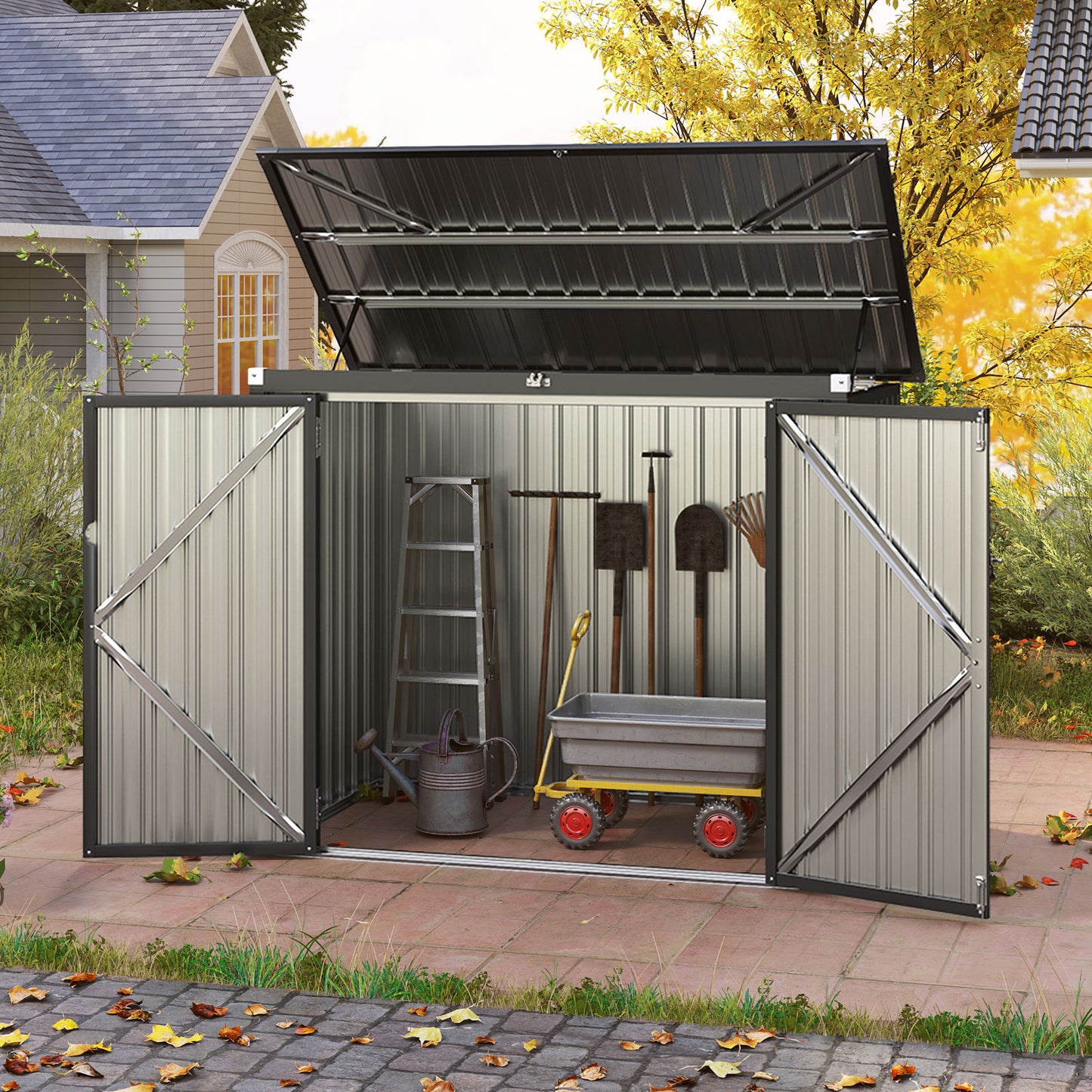 Outdoor Trash Can Storage Shed with Double Openings-Green
