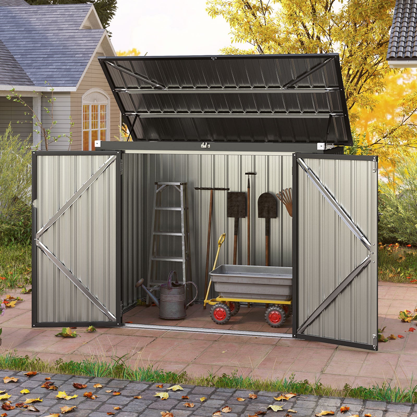 Outdoor Trash Can Storage Shed with Double Openings-Green