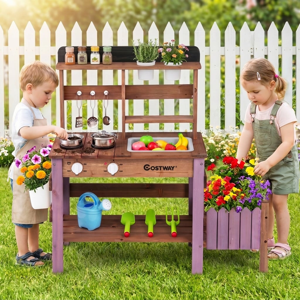 Outdoor Wooden Mud Kitchen Set with Cookware Planter Box and Gardening Accessories-Purple