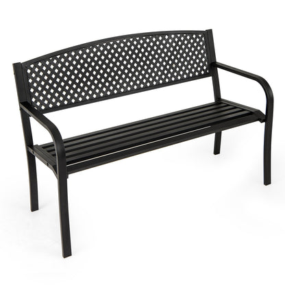Outdoor 127CM Garden Bench with Patterned Backrest and Curved Armrests-Black