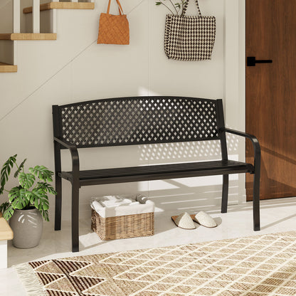 Outdoor 127CM Garden Bench with Patterned Backrest and Curved Armrests-Black