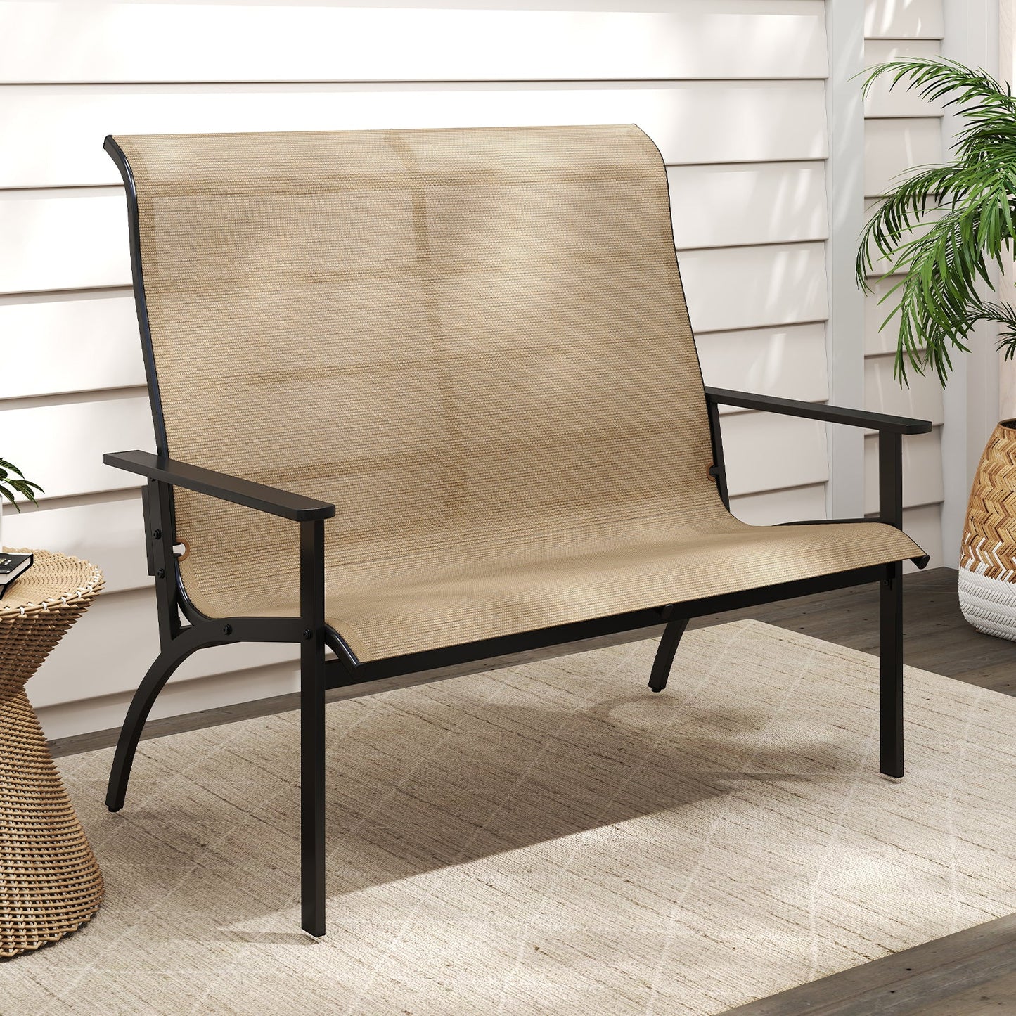 Outdoor Adirondack Bench Chair with High Back and Armrests-Coffee