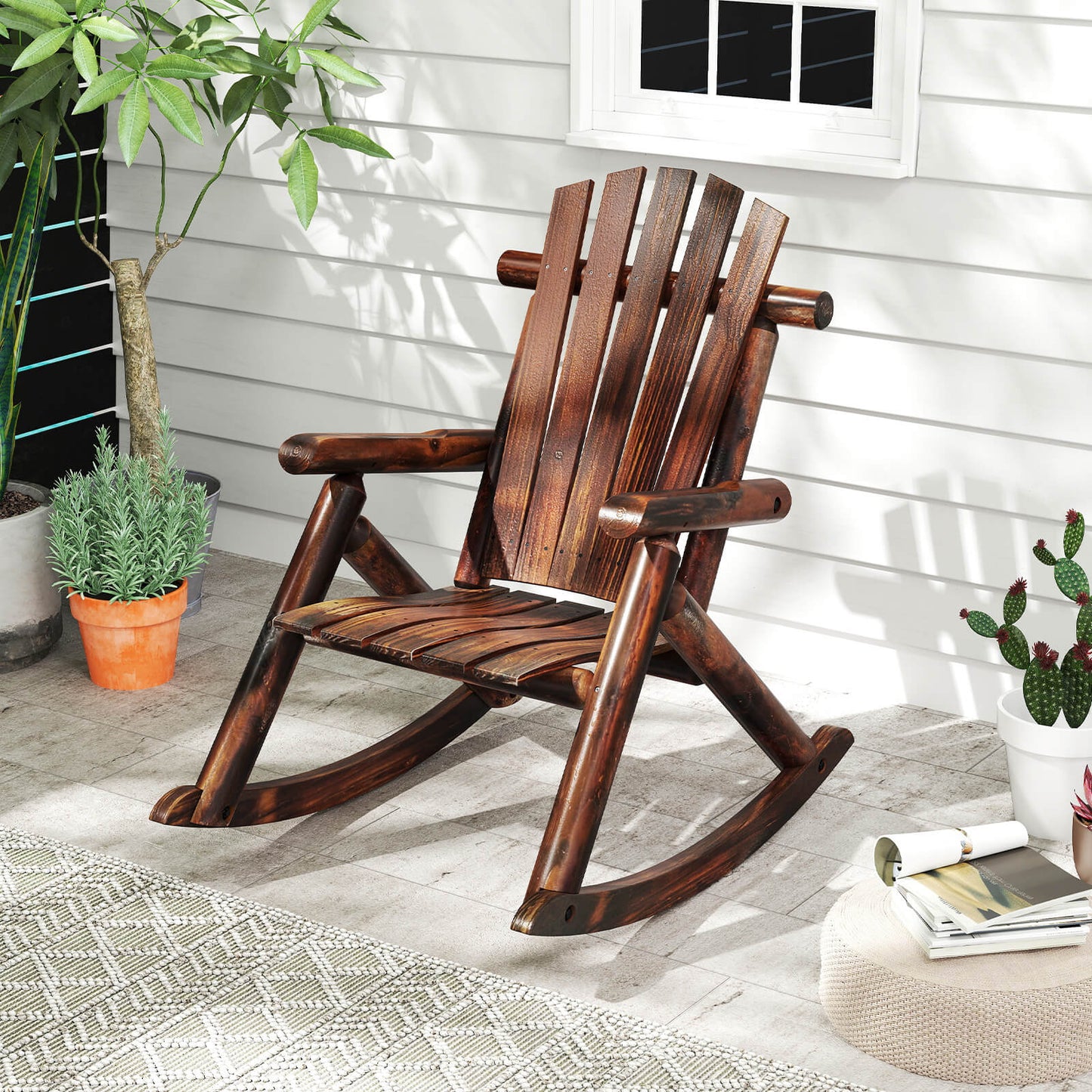 Outdoor Adirondack Rocking Chair Solid Wood with High Back-Brown