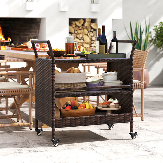 Outdoor Bar Cart 3-Tier Patio Rattan Storage Shelf with Lockable Universal Wheels