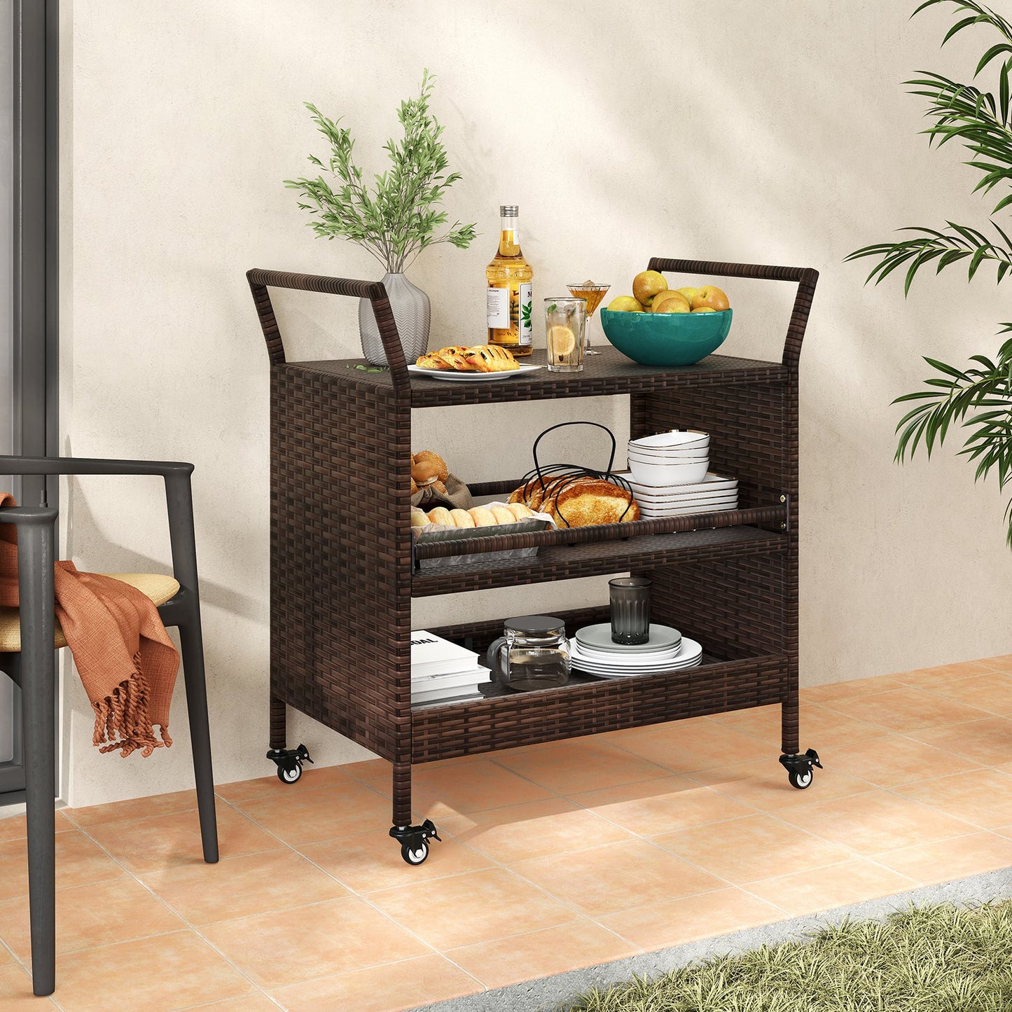 Outdoor Bar Cart 3-Tier Patio Rattan Storage Shelf with Lockable Universal Wheels
