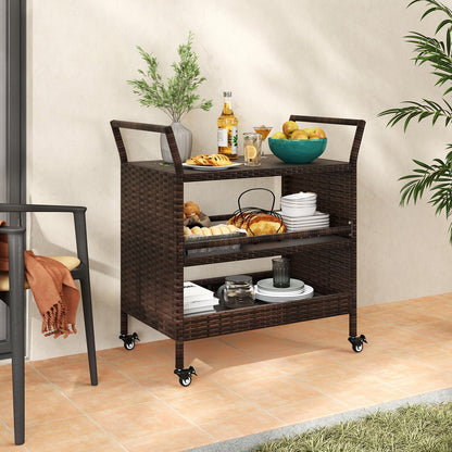 Outdoor Bar Cart 3-Tier Patio Rattan Storage Shelf with Lockable Universal Wheels