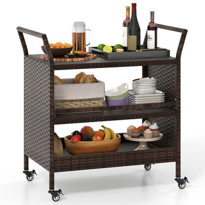 Outdoor Bar Cart 3-Tier Patio Rattan Storage Shelf with Lockable Universal Wheels