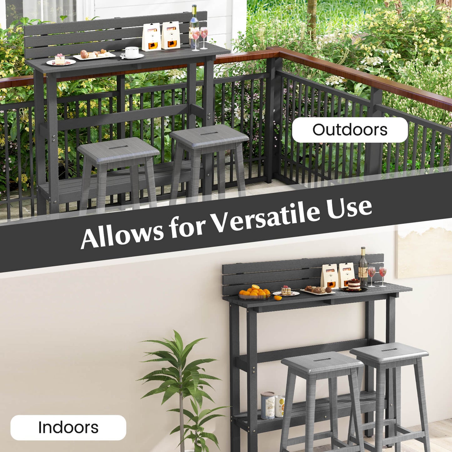 Outdoor Bar Table Patio Pub Height Counter Table with Storage Shelf-Grey