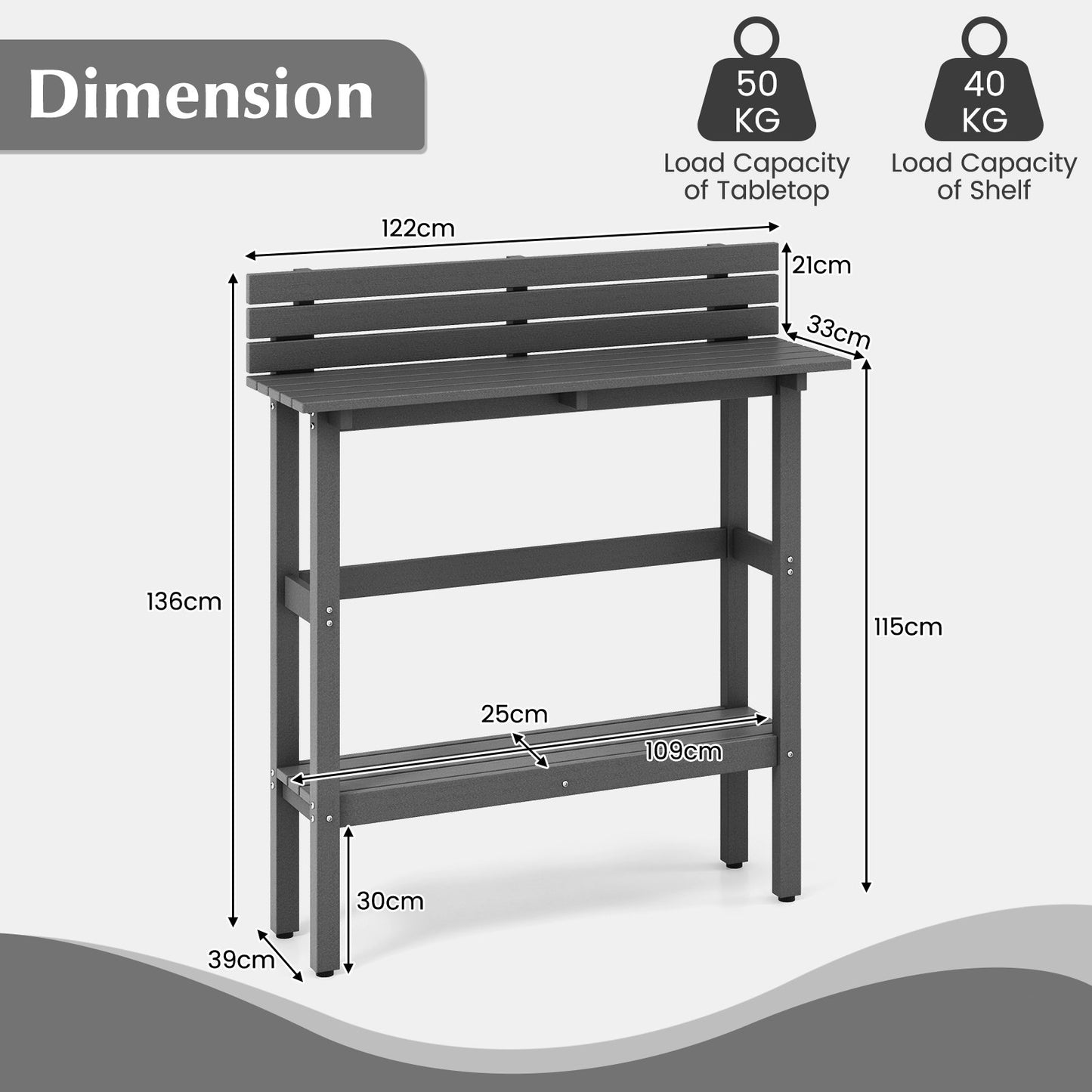Outdoor Bar Table Patio Pub Height Counter Table with Storage Shelf-Grey