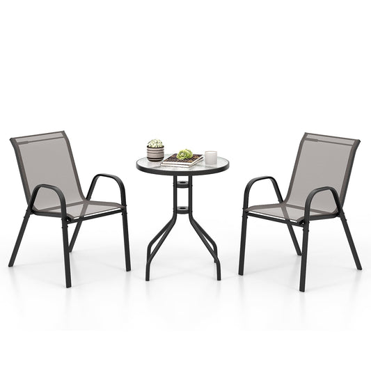 3 Pieces Outdoor Bistro Set with 2 Stackable Chairs and Round Side Table-Grey