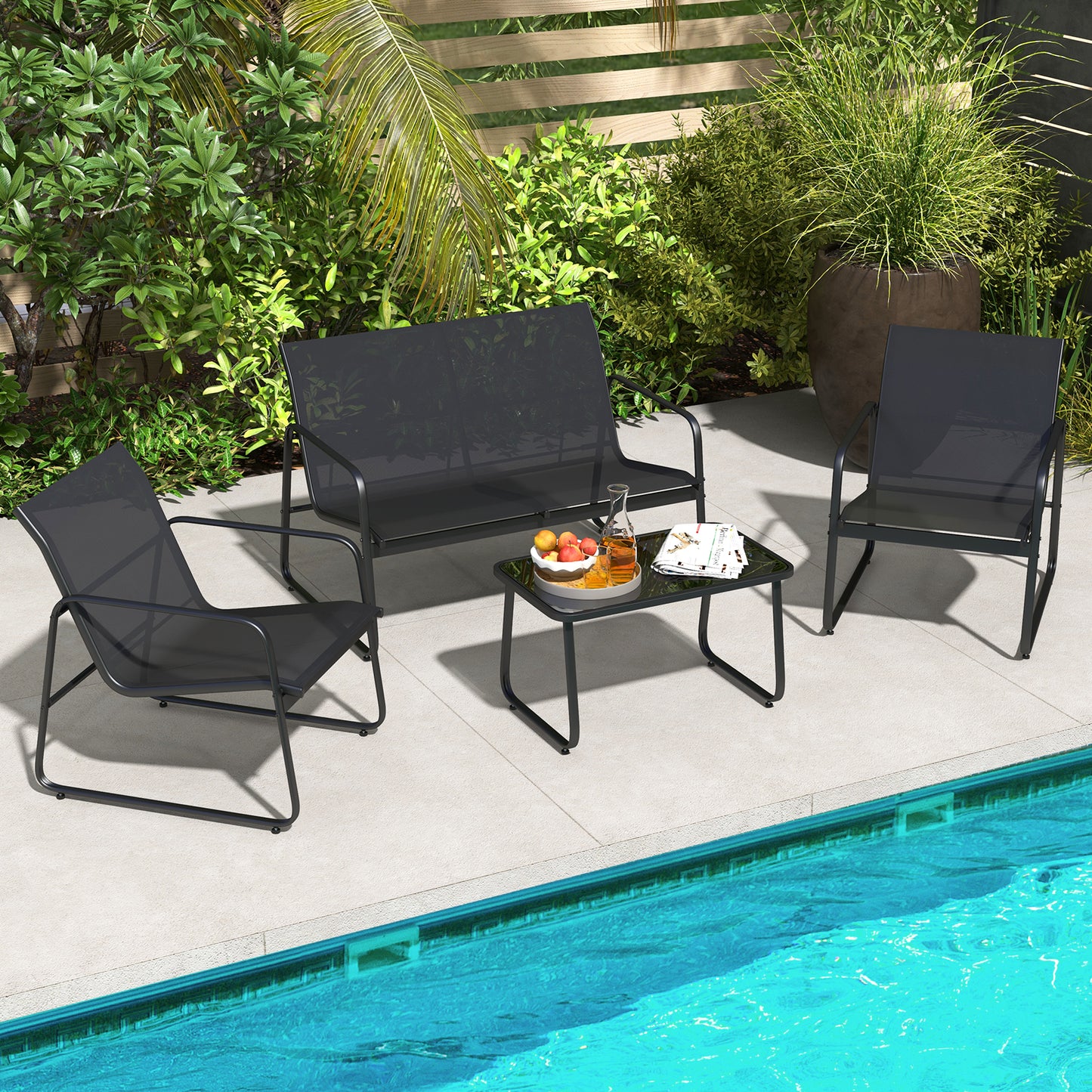 4 Piece Garden Lounge Set with 2 Chairs Tempered Glass Table and Loveseat Breathable Fabric Outdoor Furniture Black Metal Frame