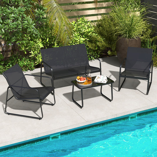 4 Piece Garden Lounge Set with 2 Chairs Tempered Glass Table and Loveseat Breathable Fabric Outdoor Furniture Black Metal Frame