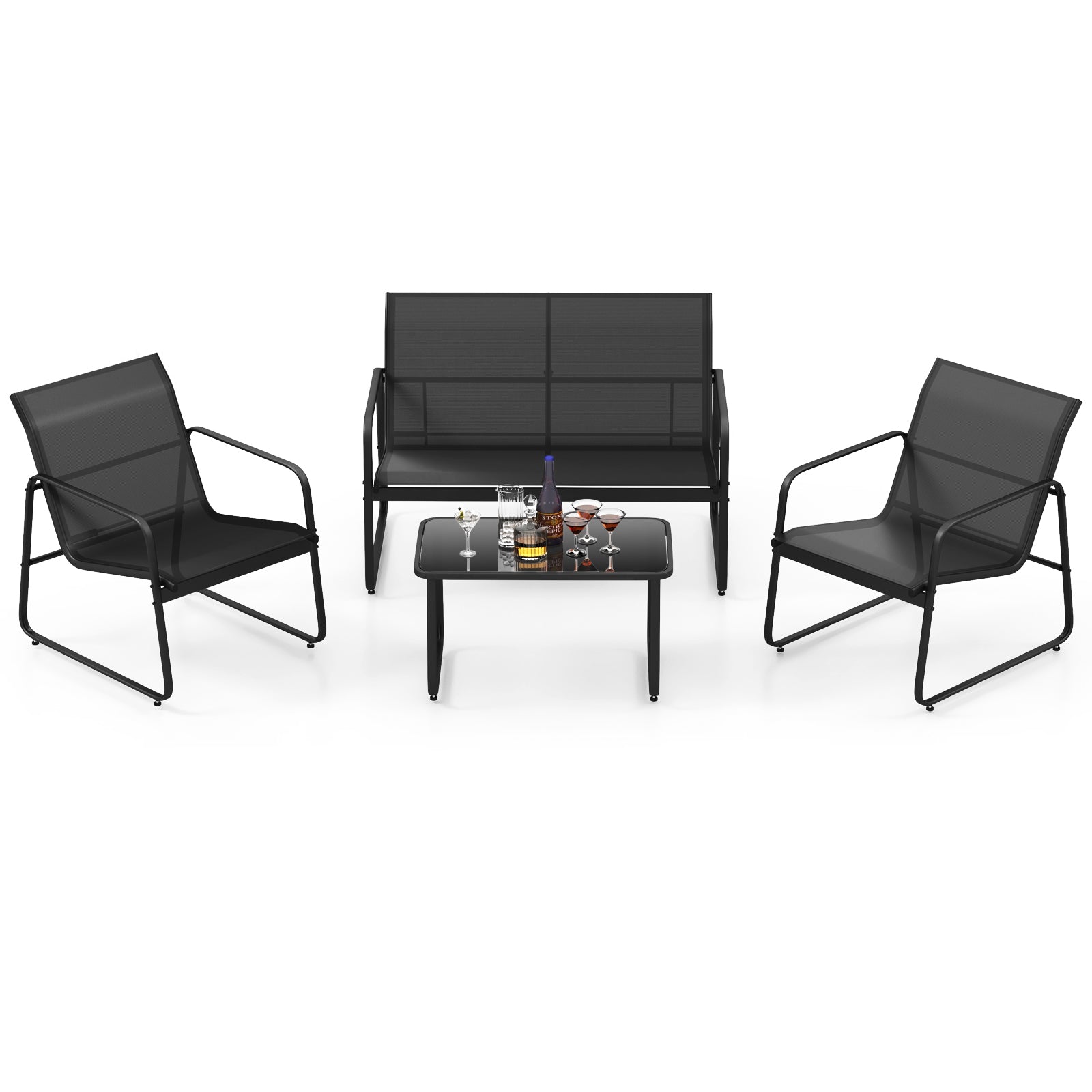 4 Piece Garden Lounge Set with 2 Chairs Tempered Glass Table and Loveseat Breathable Fabric Outdoor Furniture Black Metal Frame