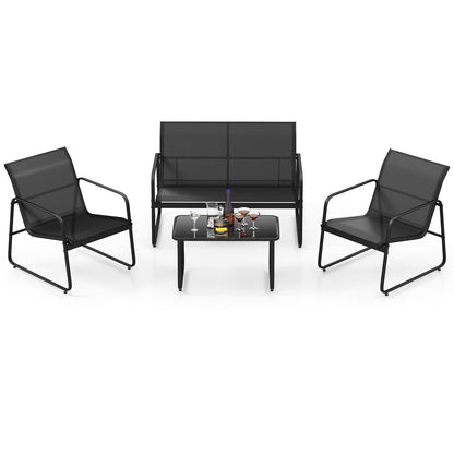 4 Piece Garden Lounge Set with 2 Chairs Tempered Glass Table and Loveseat Breathable Fabric Outdoor Furniture Black Metal Frame