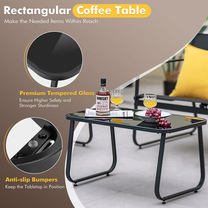 4 Piece Garden Lounge Set with 2 Chairs Tempered Glass Table and Loveseat Breathable Fabric Outdoor Furniture Black Metal Frame