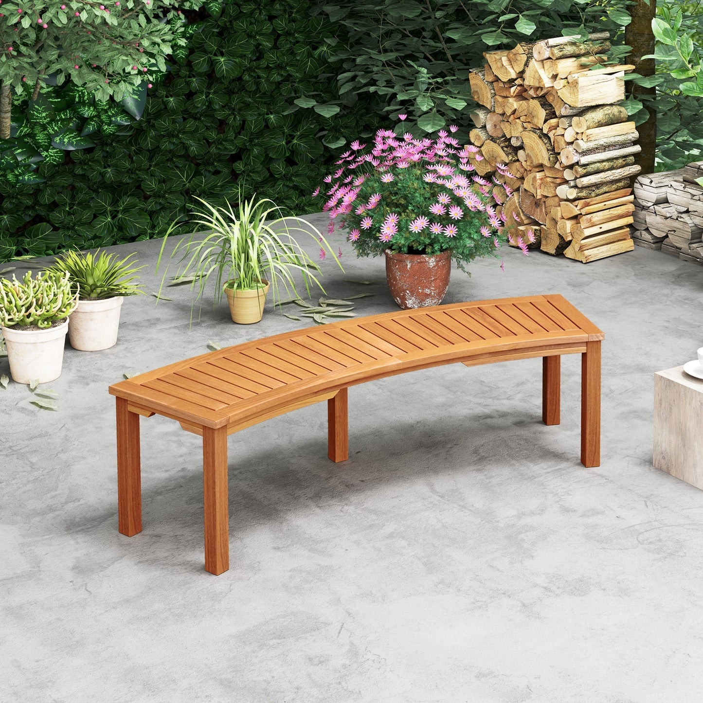 Outdoor Curved Acacia Wood Fire Pit Bench with Slatted Seat-1 Piece