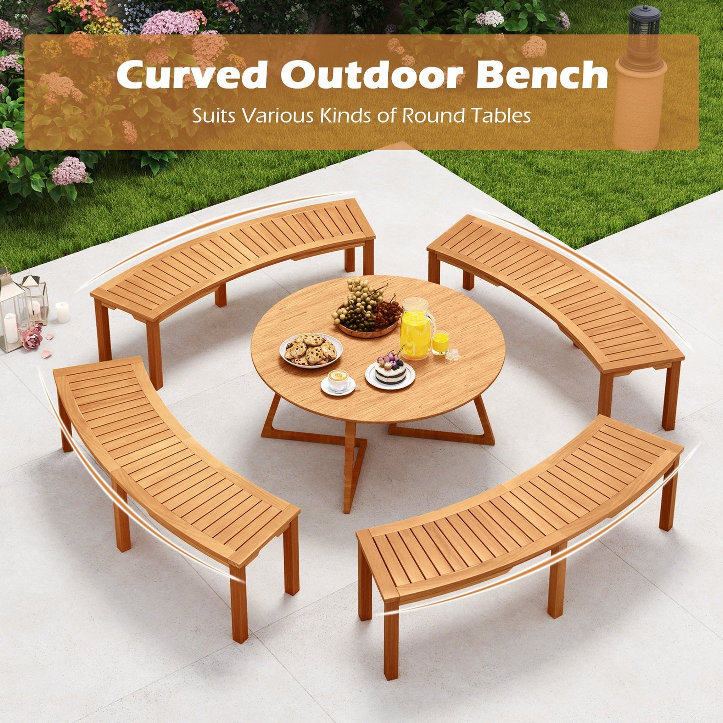 Outdoor Curved Acacia Wood Fire Pit Bench with Slatted Seat-1 Piece