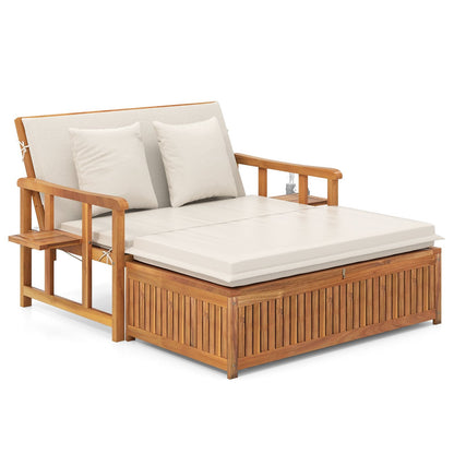 Outdoor Daybed Acacia Wood Loveseat with Storage Ottoman and Cushions-White