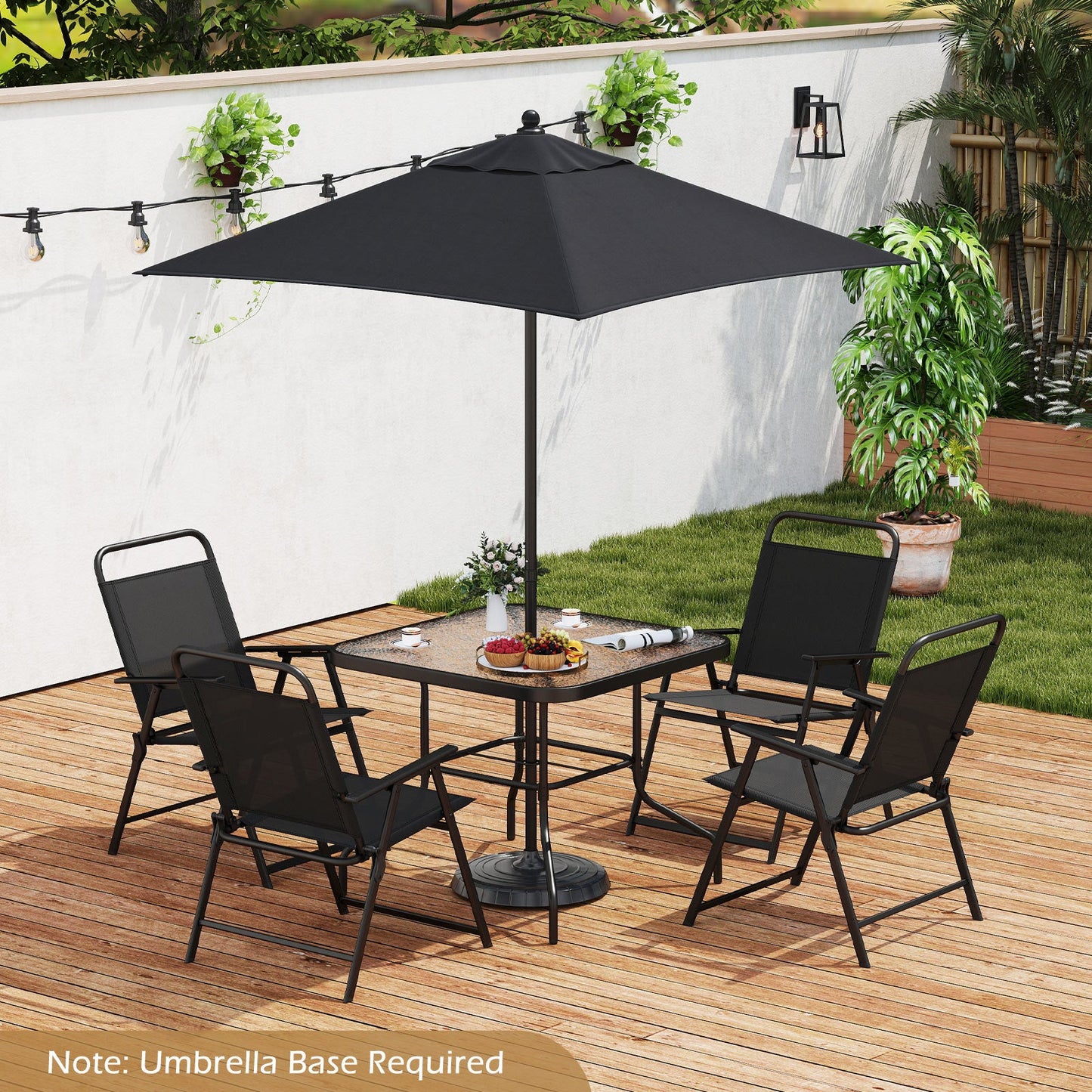 6 Pieces Outdoor Dining Set with Umbrella and Tempered Glass Tabletop-Black