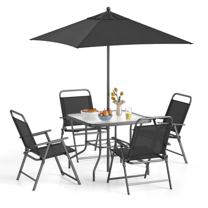 6 Pieces Outdoor Dining Set with Umbrella and Tempered Glass Tabletop-Black