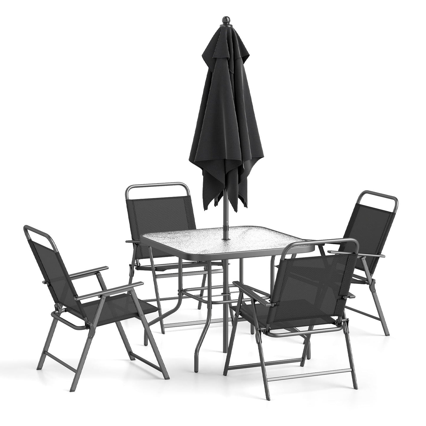 6 Pieces Outdoor Dining Set with Umbrella and Tempered Glass Tabletop-Black