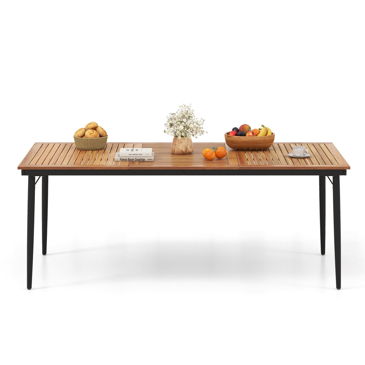 Outdoor Dining Table for 8 with Umbrella Hole, Metal Frame and Adjustable Foot Pads