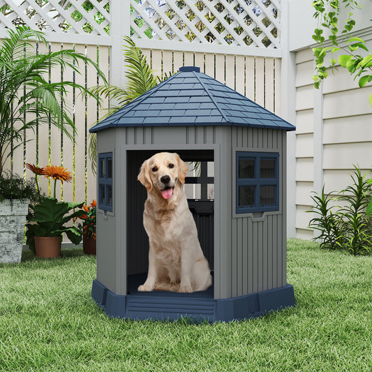 Outdoor Dog House with 2 Windows and Skylight for Small Medium Dogs-Blue