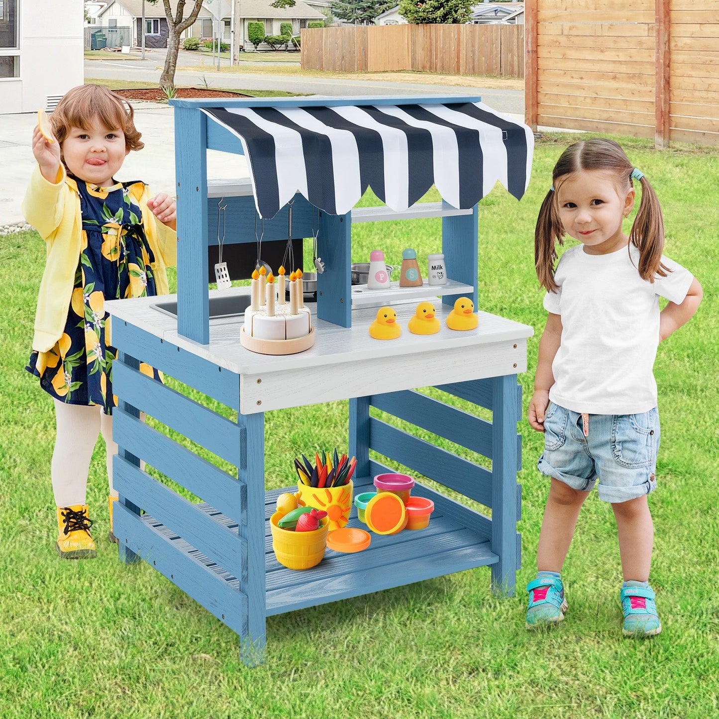 Outdoor Double-Sided Mud Kitchen for Kids-Blue & White