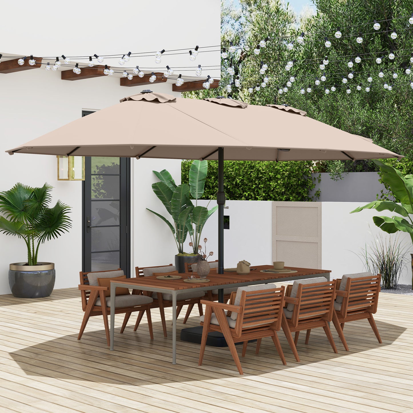 Double Sided Patio Umbrella Outdoor Large Market Umbrella with Base-Brown