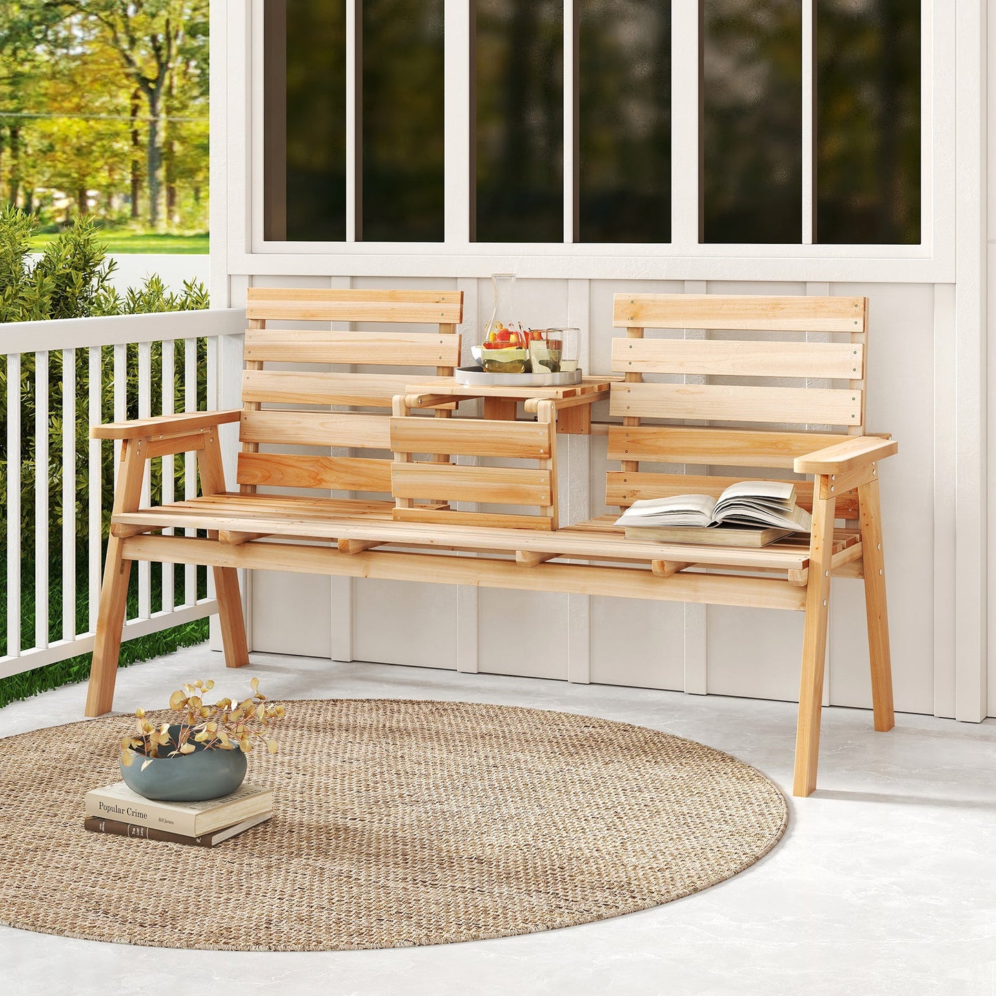 Outdoor Fir Wood Bench with Foldable Middle Table-Natural
