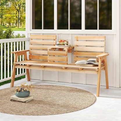 Outdoor Fir Wood Bench with Foldable Middle Table-Natural