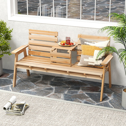 Outdoor Fir Wood Bench with Foldable Middle Table-Natural
