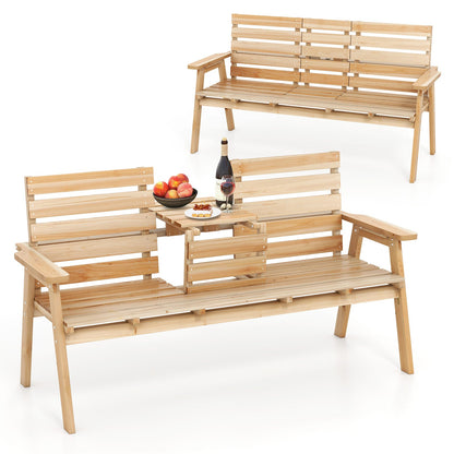 Outdoor Fir Wood Bench with Foldable Middle Table-Natural