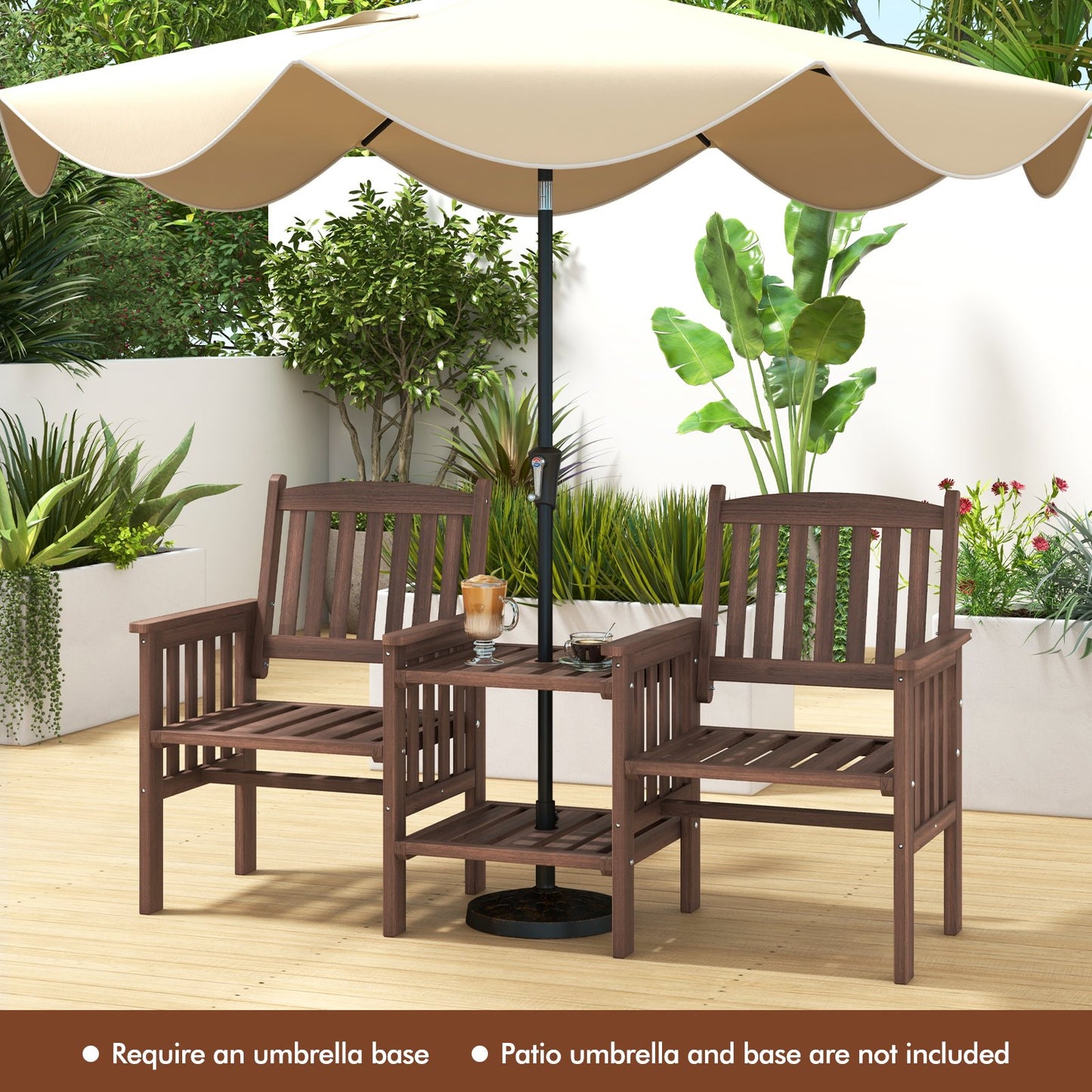 Outdoor Fir Wood Loveseat with 2-Tier Side Table and Umbrella Hole-Brown