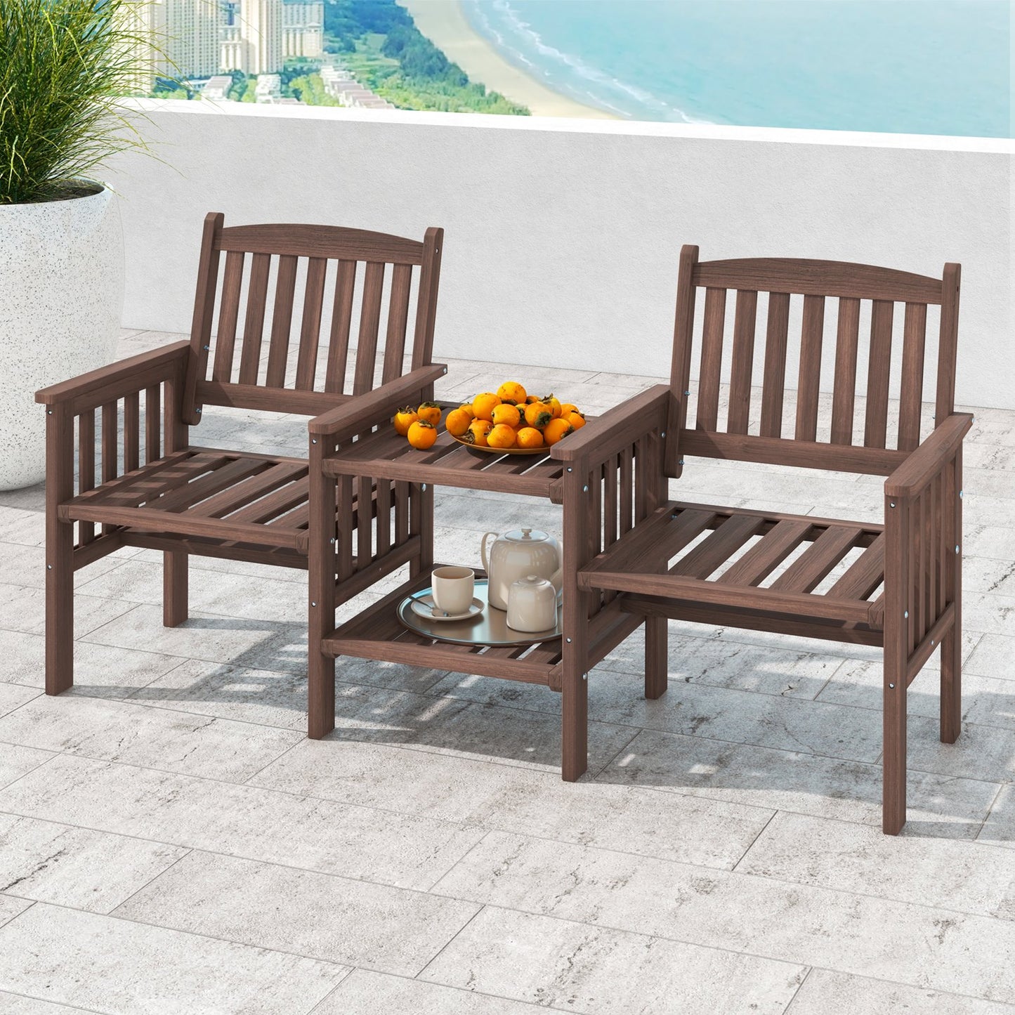 Outdoor Fir Wood Loveseat with 2-Tier Side Table and Umbrella Hole-Brown