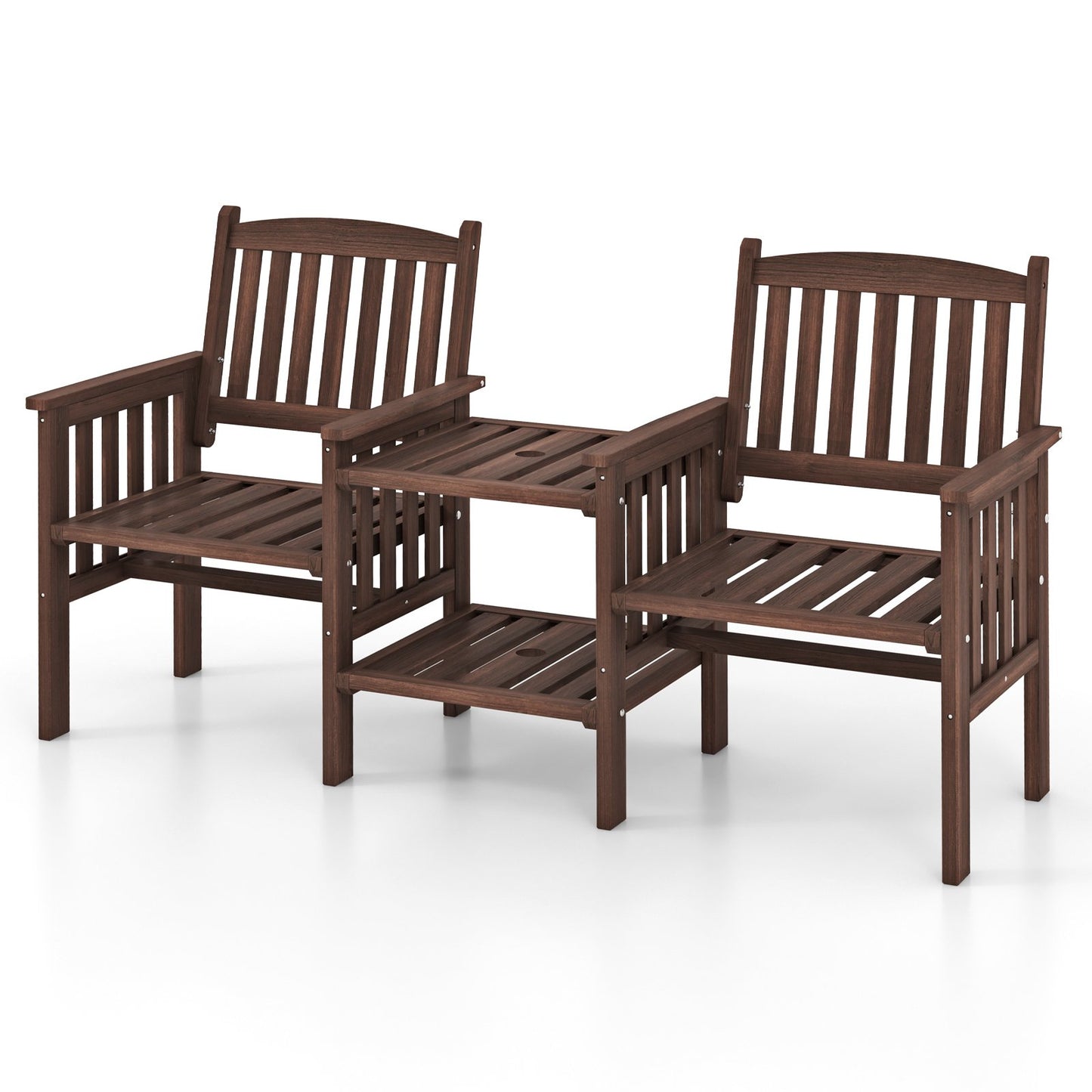 Outdoor Fir Wood Loveseat with 2-Tier Side Table and Umbrella Hole-Brown