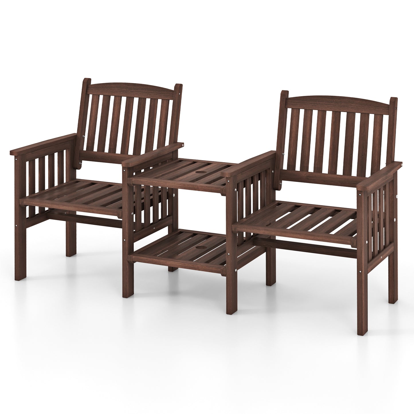 Outdoor Fir Wood Loveseat with 2-Tier Side Table and Umbrella Hole-Brown