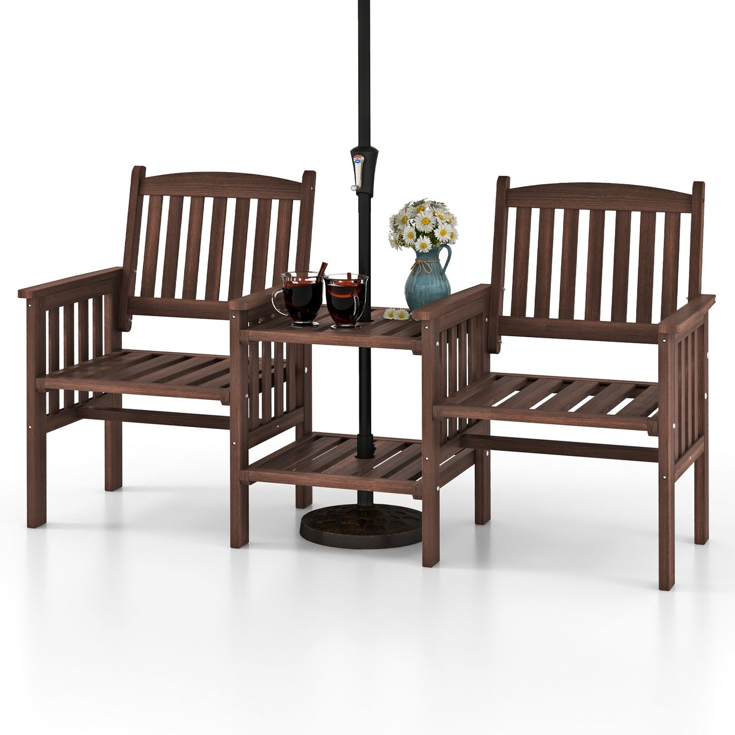 Outdoor Fir Wood Loveseat with 2-Tier Side Table and Umbrella Hole-Brown