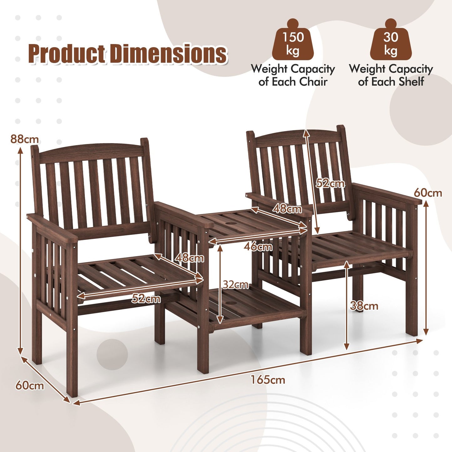 Outdoor Fir Wood Loveseat with 2-Tier Side Table and Umbrella Hole-Brown