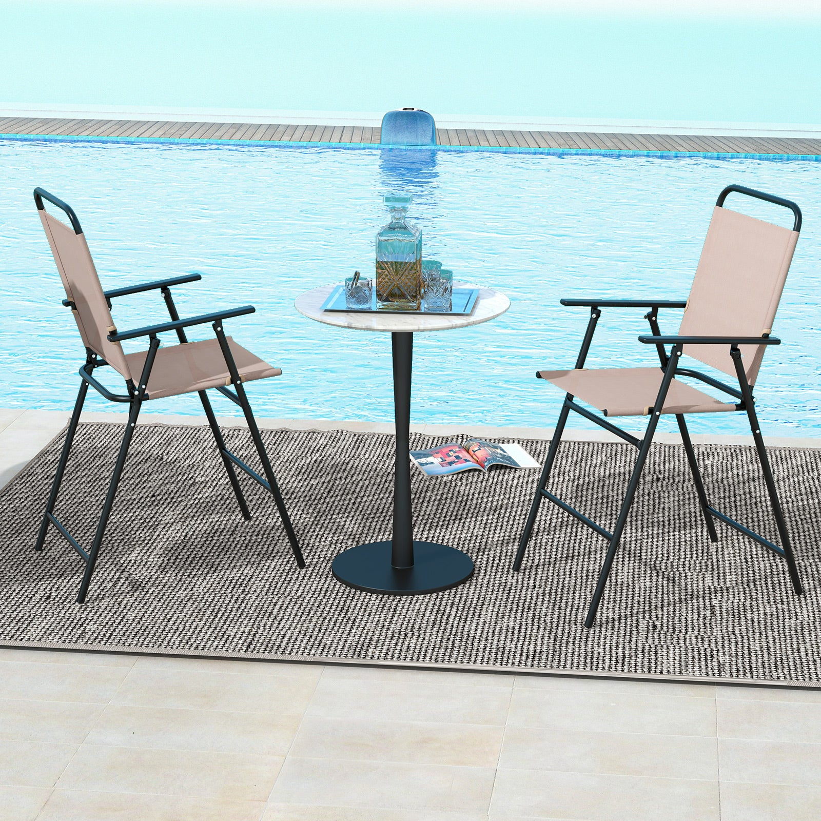 Outdoor Folding Bar Chair Set of 2 with Backrest Armrests Footrest-Beige