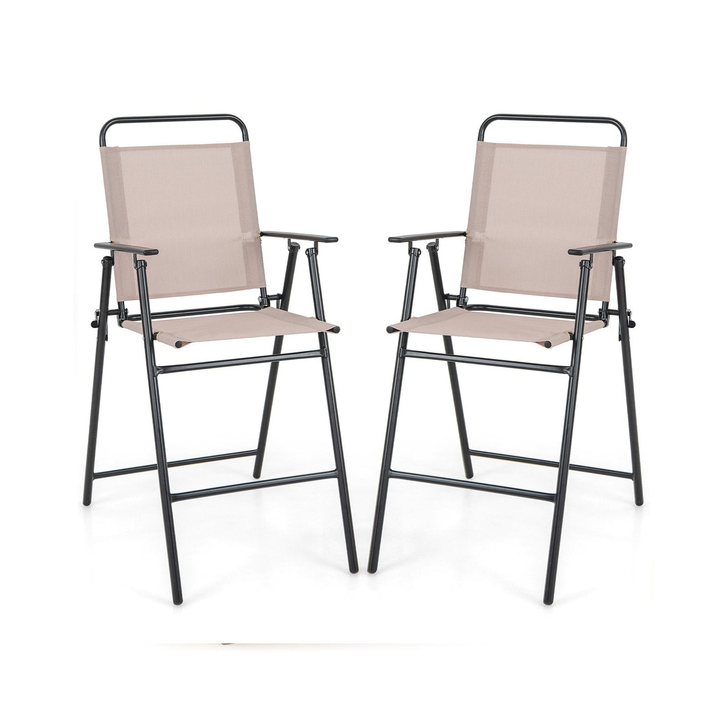 Outdoor Folding Bar Chair Set of 2 with Backrest Armrests Footrest-Beige