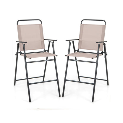 Outdoor Folding Bar Chair Set of 2 with Backrest Armrests Footrest-Beige