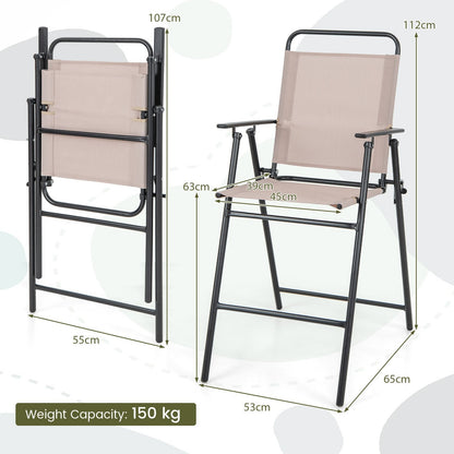 Outdoor Folding Bar Chair Set of 2 with Backrest Armrests Footrest-Beige