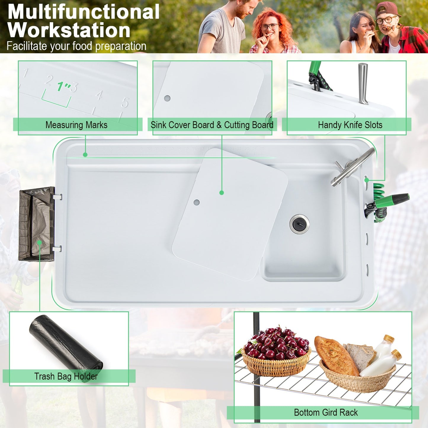 108CM Portable Camping Sink Table with Grid Rack