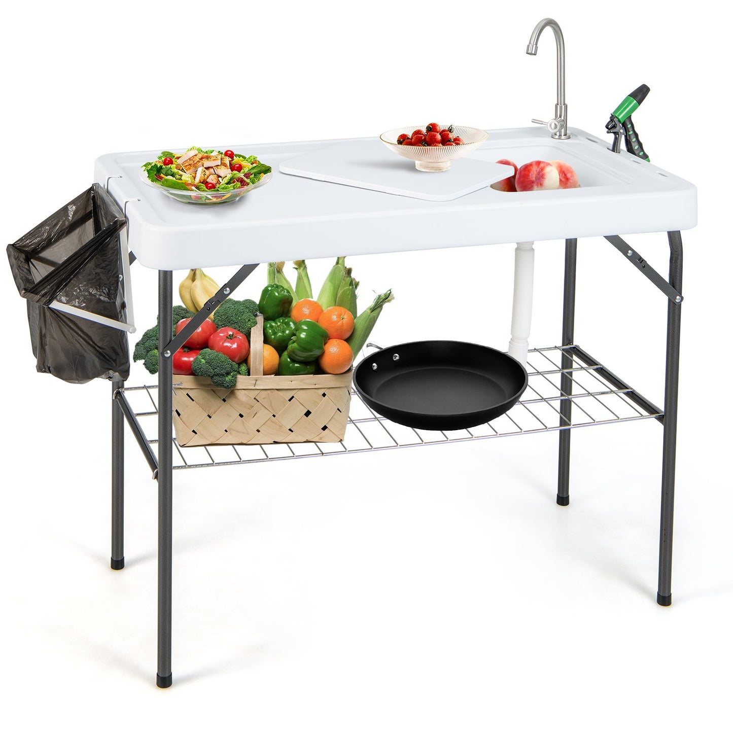 108CM Portable Camping Sink Table with Grid Rack